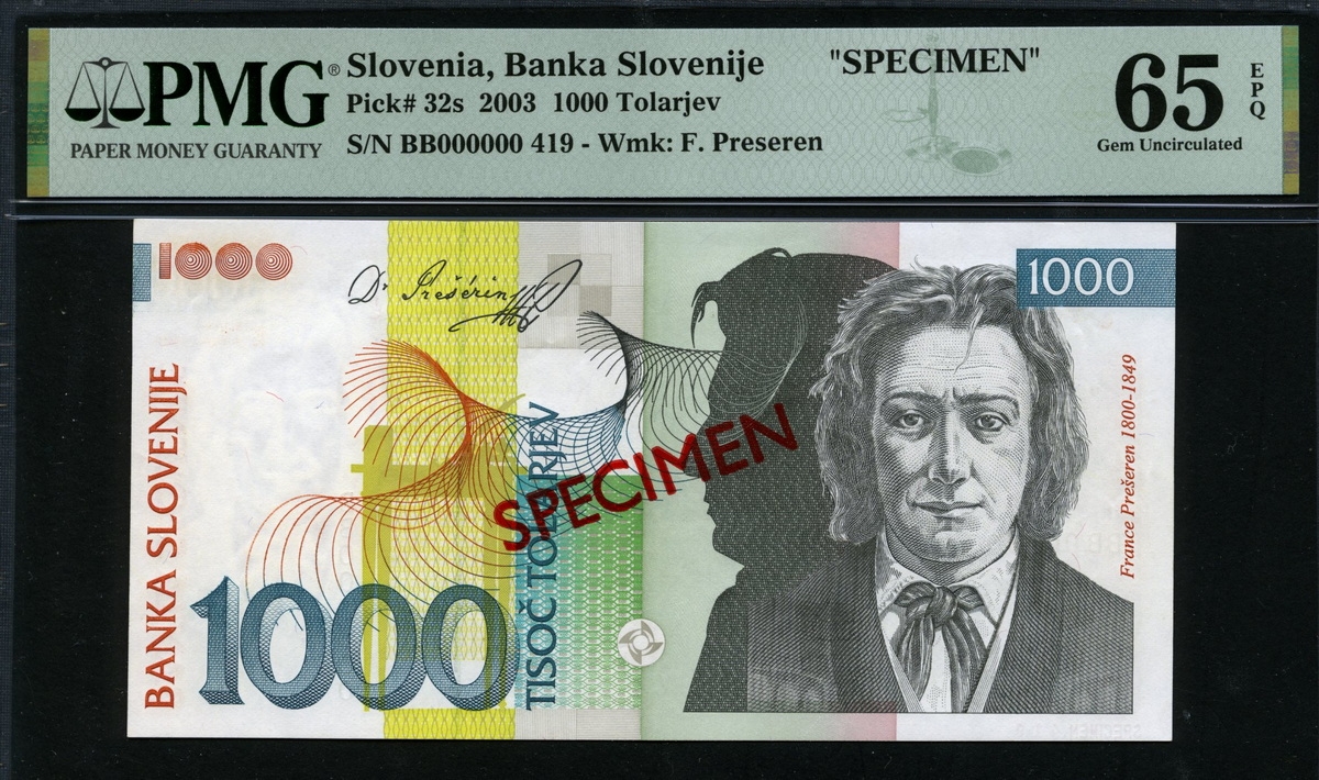 슬로베니아 Slovenia 2003 1000 Tolarjev P32s Specimen PMG 65 EPQ 완전미사용