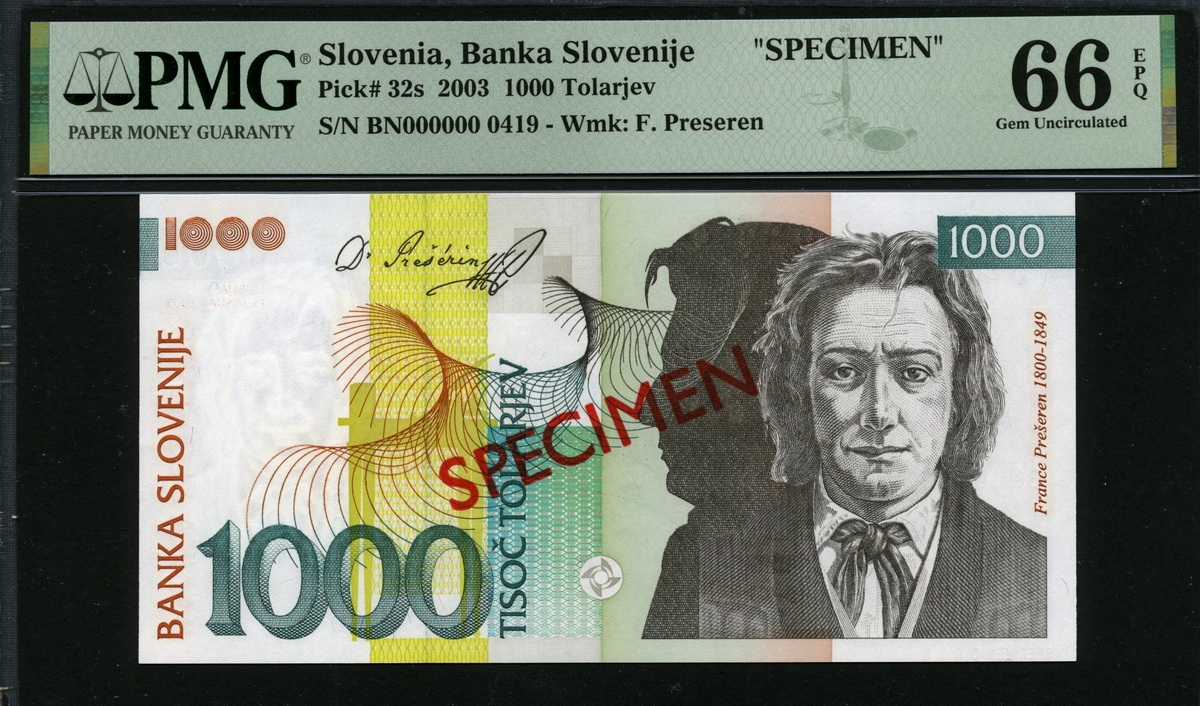 슬로베니아 Slovenia 2005 1000 Tolarjev P32s Specimen PMG 66 EPQ 완전미사용