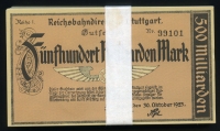 독일 Germany 1923, 슈투트가르트 지역 철도 사무소 500 Milliarden Mark, S1378, 100장 연번 미사용