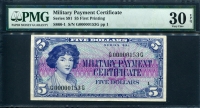 미국 1961, 군표 Series 591, 5달러 귀한 초판 153번 M48, PMG 30 EPQ 미품