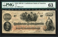 미국 아메리카 남부 연합 1862-1863,$100, P45,T-41, PMG 63 미사용