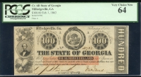 미국 1863년 조지아주 밀리지빌 100 달러 PCGS 64 미사용