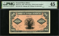 프랑스령 서아프리카 French West Africa 1942, 100 Francs, P31a,PMG 45 극미품 (Pinholes)
