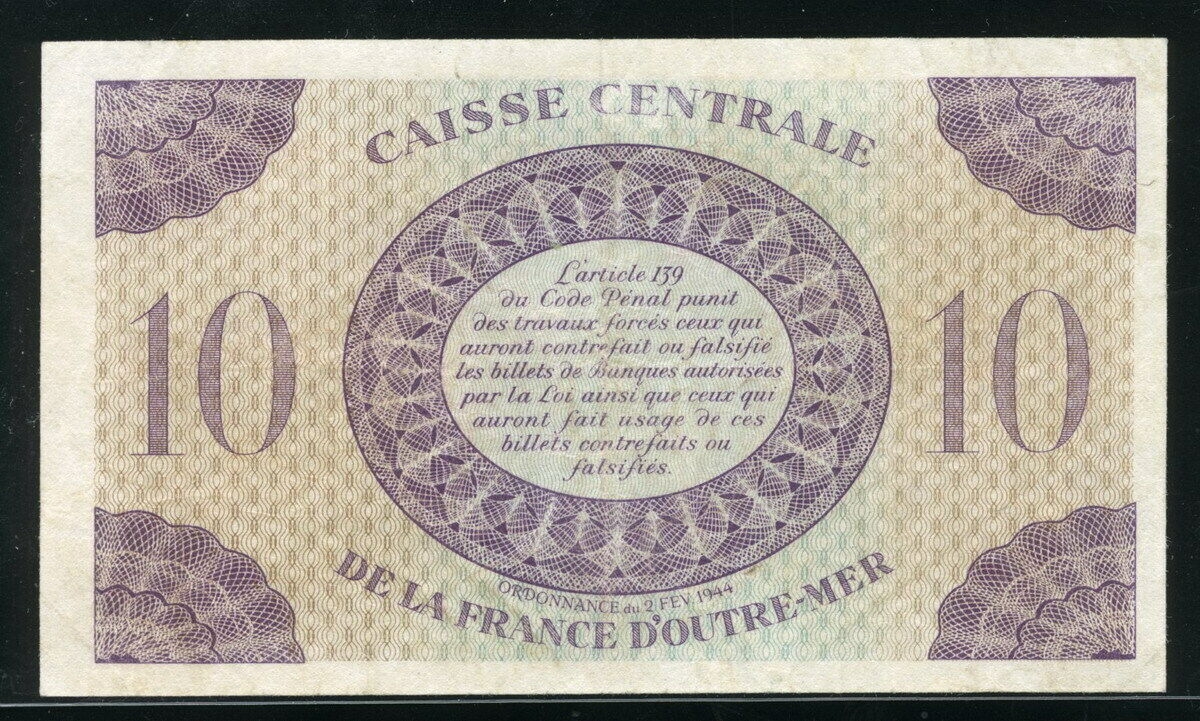 과들루프 Guadeloupe 1944, 10 Francs, P27, 미품