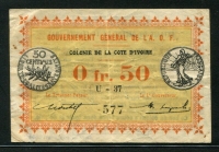 코트디부아르 아이보리 코스트 Ivory Coast 1917, 0.50 Franc, P1b, 미품