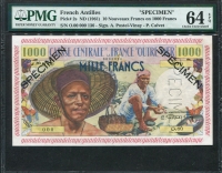 프랑스령 안틸레스 French Antilles 1961,Specimen 10 Nouveaux Francs on 1000 Francs, P2s,PMG 64 EPQ 미사용