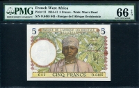 프랑스령 서아프리카 , French West Africa 1934-1941, 5 Francs, P21, PMG 66 EPQ 완전미사용