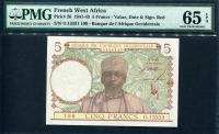 프랑스령 서아프리카 , French West Africa 1941-1943, 5 Francs, P26, PMG 65 EPQ 완전미사용