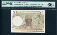 프랑스령 서아프리카 , French West Africa 1941-1943, 5 Francs, P26, PMG 66 EPQ 완전미사용