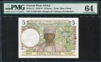 프랑스령 서아프리카 , French West Africa 1934-1941, 5 Francs,  P21, PMG 64 미사용