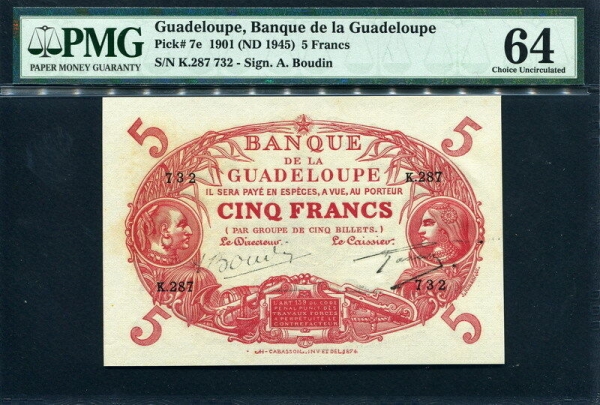 과들루프 Guadeloupe 1901 ( 1945 ), 5 Francs, P7e, PMG 64 미사용