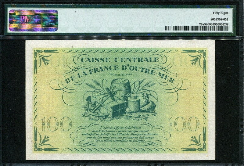 과들루프  Guadeloupe 1944, 100 Francs, P29a, PMG 58 준미사용
