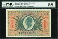 과들루프  Guadeloupe 1944, 100 Francs, P29a, PMG 58 준미사용