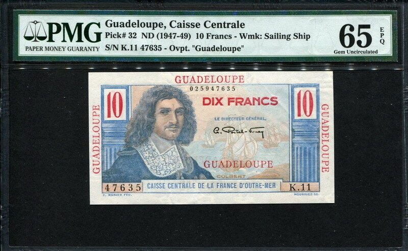 과들루프  Guadeloupe 1947-1949, 10 Francs, P32, PMG 65 EPQ 완전미사용