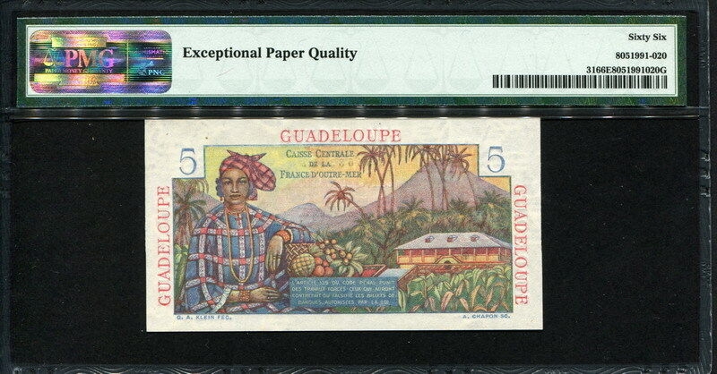 과들루프 Guadeloupe 1947-1949, 5 Francs, P31, PMG 66 EPQ 완전미사용