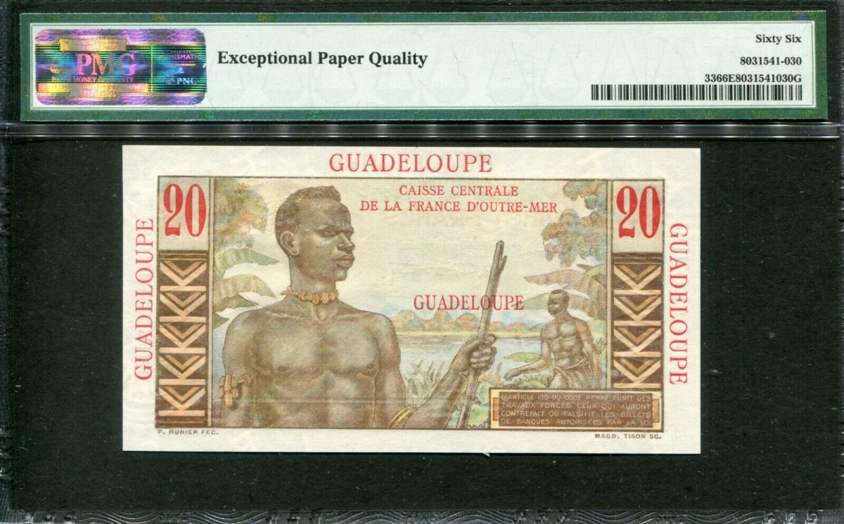 과들루프 Guadeloupe 1947-1949, 20 Francs, P33, PMG 66 EPQ 완전미사용