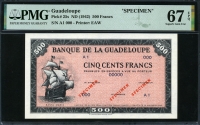 과들루프 Guadeloupe 1942, 500Francs, P25s, Specimen, PMG 67 EPQ 슈퍼완전미사용
