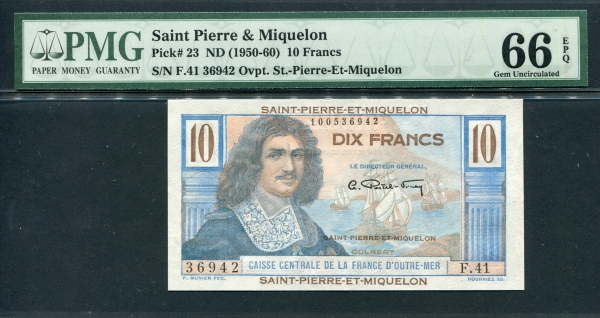 생피에르 미클롱 Saint Pierre & Miquelon 1950-1960 , 10 Francs, P23, PMG 66 EPQ 완전미사용