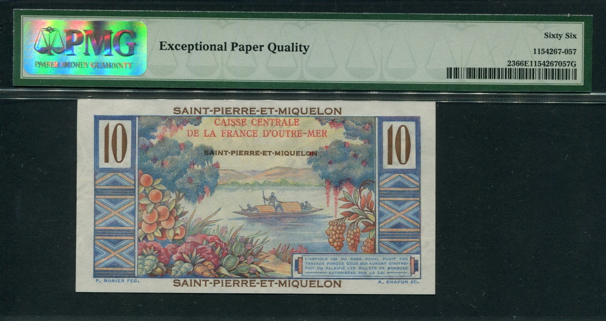 생피에르 미클롱 Saint Pierre & Miquelon 1950-1960 , 10 Francs, P23, PMG 66 EPQ 완전미사용
