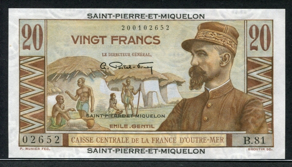 생피에르 미클롱 Saint Pierre & Miquelon 1950-1960, 20 Francs, P24, 미사용