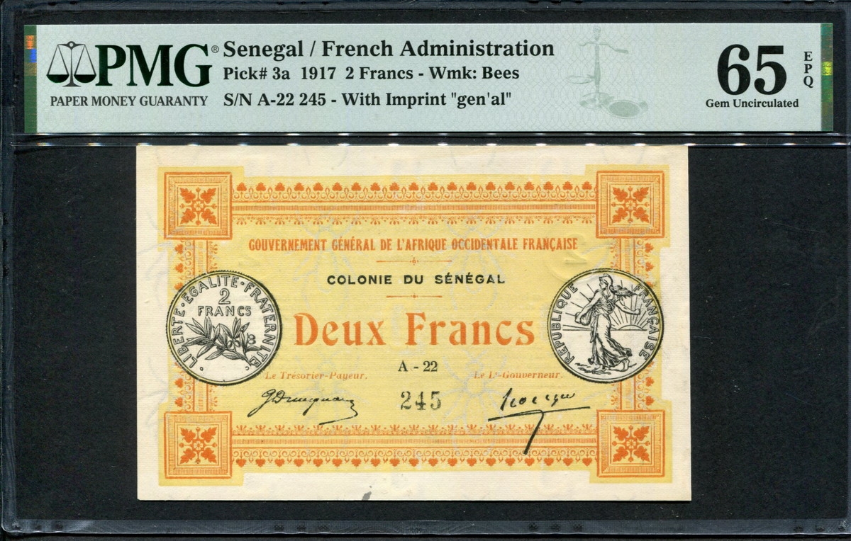 세네갈 Senegal 1917, 2 Francs, P3a, PMG 65 EPQ 완전미사용 최고등급