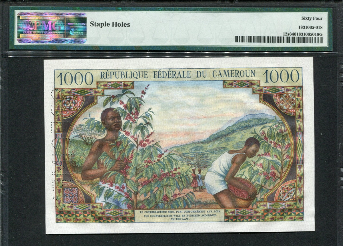 카메룬 Cameroun 1962, 1000 Francs, Specimen, P12s, PMG 64 미사용 ( 핀홀 )