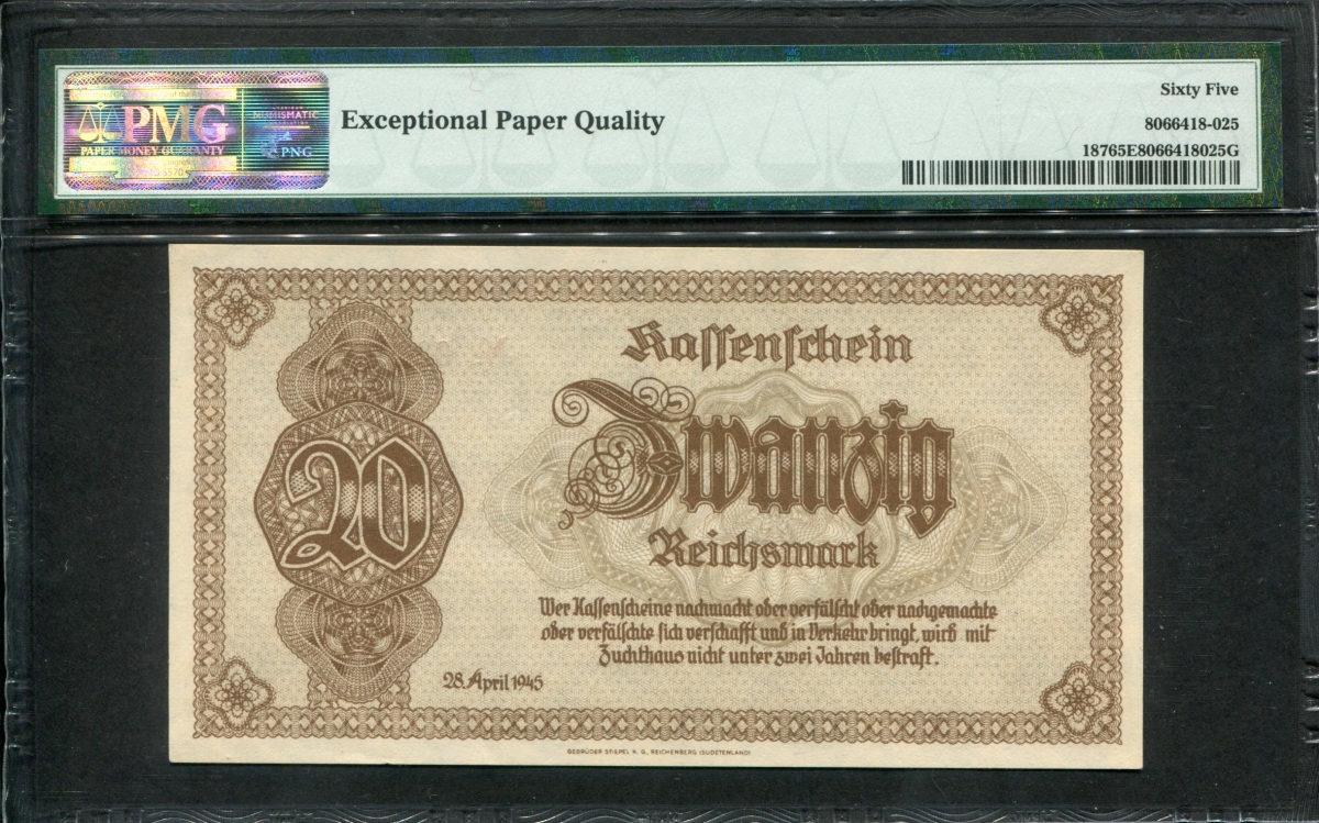 독일 Germany 1945, 20 Reichsmark, P187, PMG 65 EPQ 완전미사용
