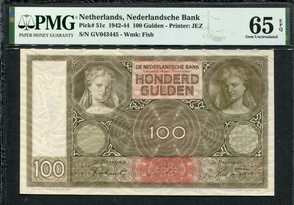 네덜란드 Netherlands 1942-1944, 100 Gulden, P51c,PMG 65 EPQ 완전미사용