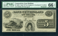미국 1860's 코네티컷주 이스트해덤시 뉴잉글랜드 은행 5달러 PMG 66 EPQ 완전미사용