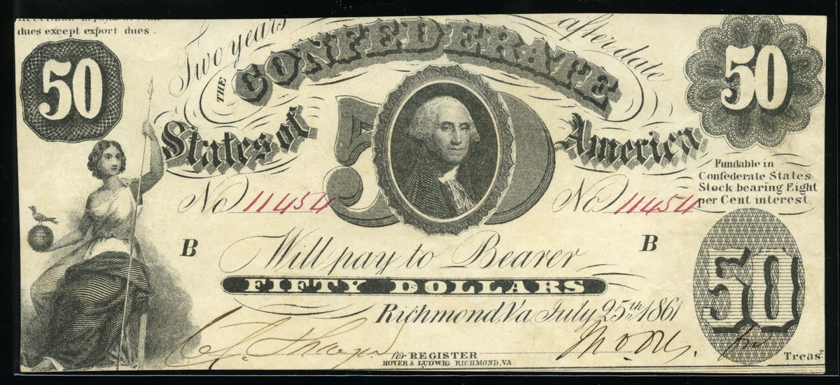 미국 1861년 아메리카 남부 연합 50달러 미품