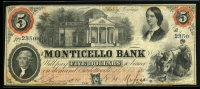 미국 1862년 버지니아 샬러츠빌(Charlotesville), Monticello Bank 5달러 미품+