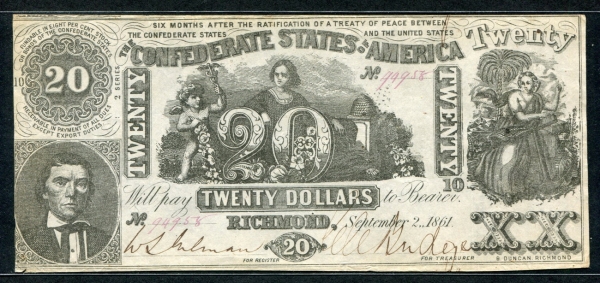 미국 1861년 남북전쟁 남부동맹 20달러, P33, 극미품