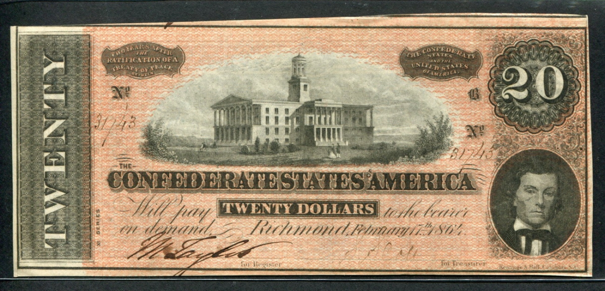 미국 1864 아메리카 남부 연합 20 달러 준미사용+