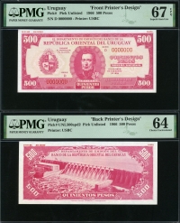 우루과이 Uruguay 1966 500 Pesos 시쇄 앞면 PMG 67 뒷면 PMG 64 UNC (앞뒷면2장)