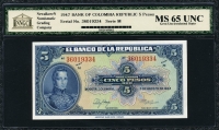 콜롬비아 Colombia 1947, 5 Pesos Oro, P386c, NNGC MS 65 완전미사용