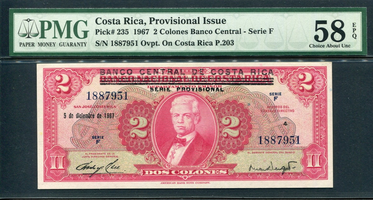 코스타리카 Costa Rica 1967 2 Colones P235 PMG 58 EPQ 준미사용