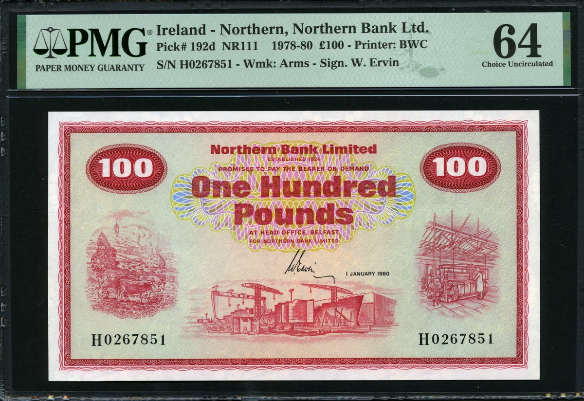 아일랜드 Ireland Northern 1978-1980 100 Pounds P192d Sign Ervin PMG 64 미사용