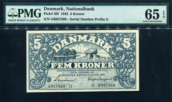 덴마크 Denmark 1942 5 Kroner P30f PMG 65 EPQ 완전미사용