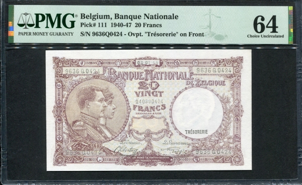 벨기에 Belgium 1940-1947 20 Francs P111 PMG 64 미사용