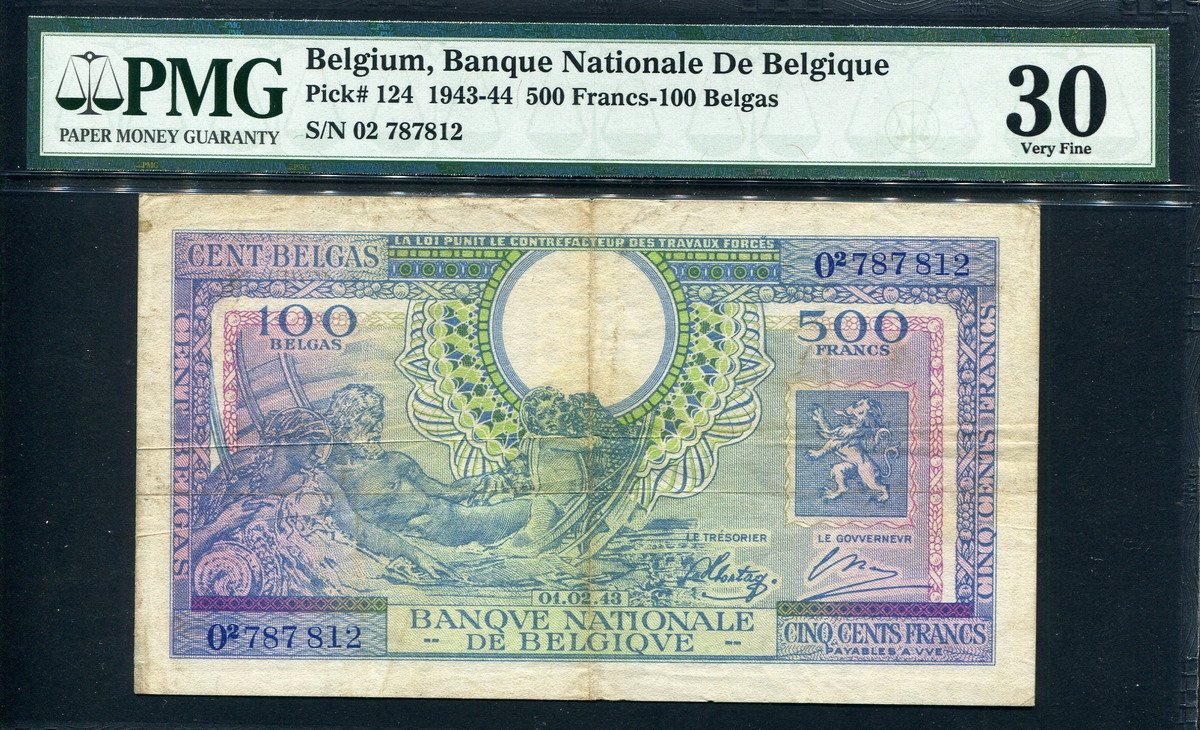 벨기에 Belgium 1943-1944 500 Francs-100 Belgas P124 PMG 30 미품