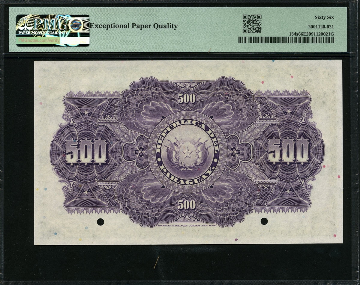 파라과이 Paraguay 1920-1923 1000 Pesos Specimen P155s PMG 66 EPQ 완전미사용