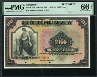파라과이 Paraguay 1920-1923 500 Pesos Specimen P154s PMG 66 EPQ 완전미사용