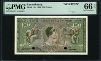 룩셈부르크 Luxembourg 1956 100 Francs P13s Specimen PMG 66 EPQ 완전미사용 최고등급