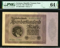 독일 Germany 1923 100000 Mark P83a PMG 64 EPQ 미사용