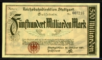 독일 Germany 1923 Stuttgart Railroad 500 Milliarden Mark, red seal S1378 미사용