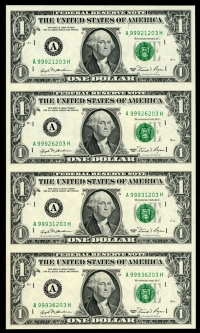 미국 💑 1981년 1달러 4장 연결권 미사용