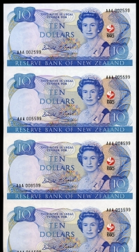 뉴질랜드 New Zealand 1990 10 Dollar P176  4장 미사용 연결권