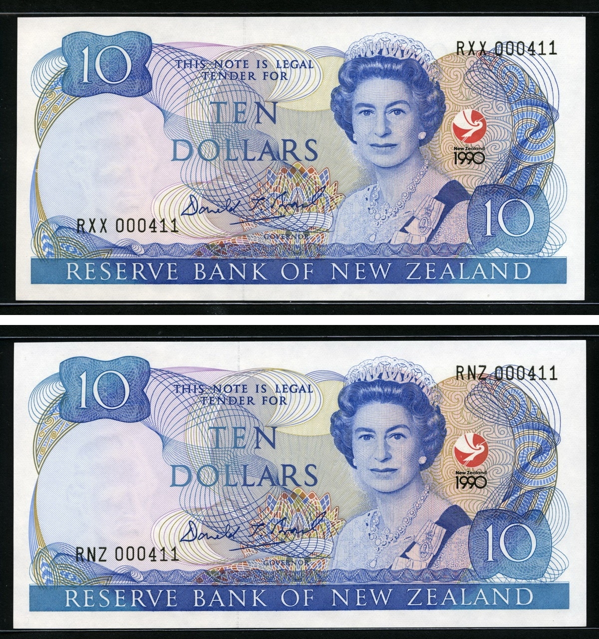 뉴질랜드 New Zealand 1990 10 Dollars P176 쌍둥이번호 2장 미사용