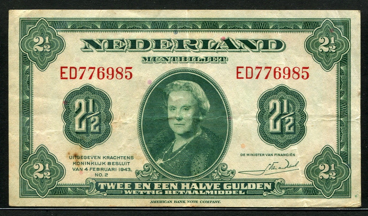 네덜란드 Netherlands 1943 2 1/2 Gulden P65 미품