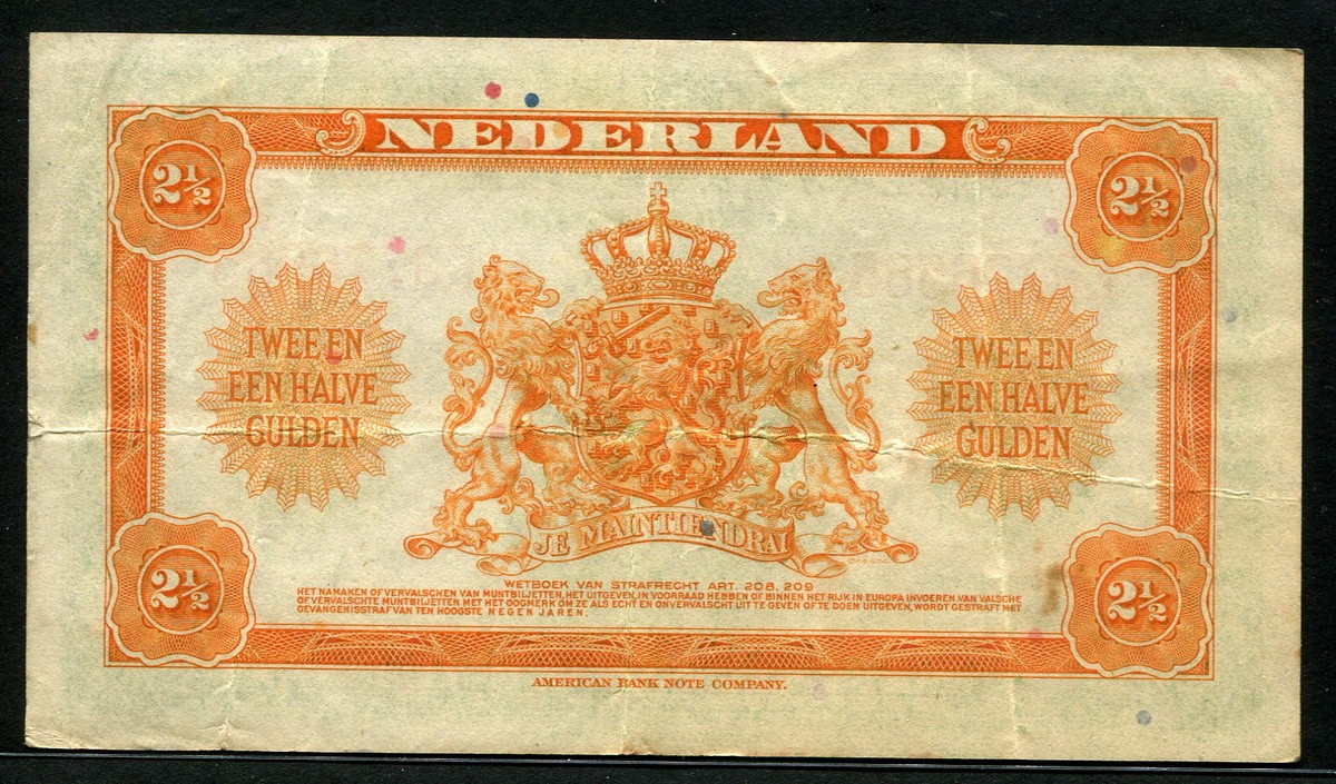 네덜란드 Netherlands 1943 2 1/2 Gulden P65 미품